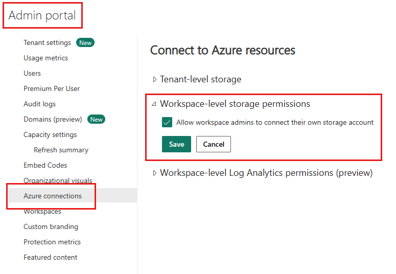 Screenshot della pagina delle impostazioni delle connessioni di Azure che mostra la casella di controllo Consenti agli amministratori dell'area di lavoro di connettere la propria area di lavoro Log Analytics.