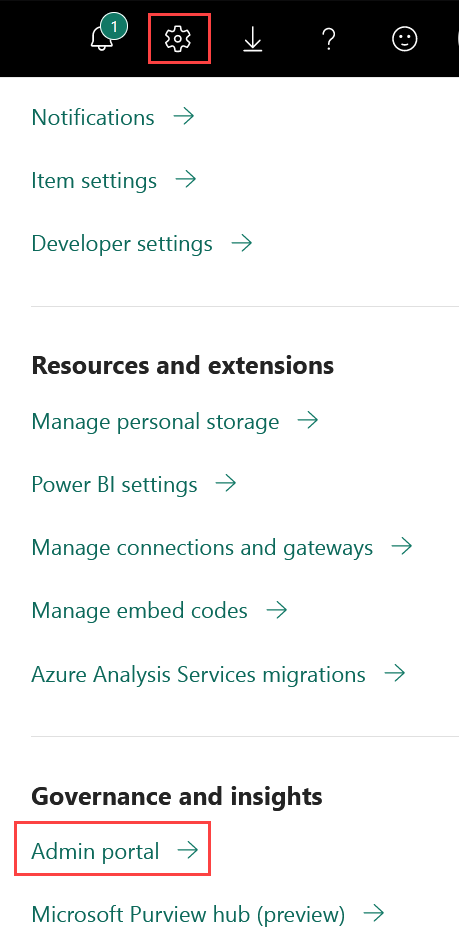 Screenshot che mostra il menu delle impostazioni di Power BI, con l'opzione impostazioni espansa e la selezione del portale di amministrazione evidenziata.