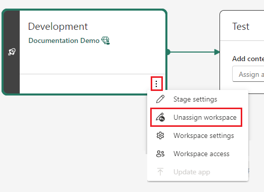 Screenshot che mostra l'elenco a discesa annullare assegnazione di un'area di lavoro in una fase vuota delle pipeline di distribuzione nella nuova interfaccia utente.