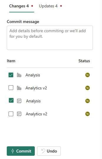 Screenshot della finestra del controllo del codice sorgente con due modifiche selezionate per l'annullamento.