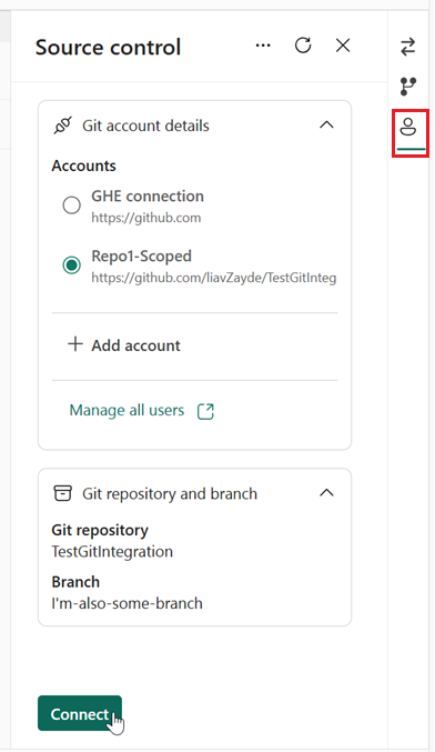 Screenshot della scheda Account con l'utente che si connette a un account GitHub.