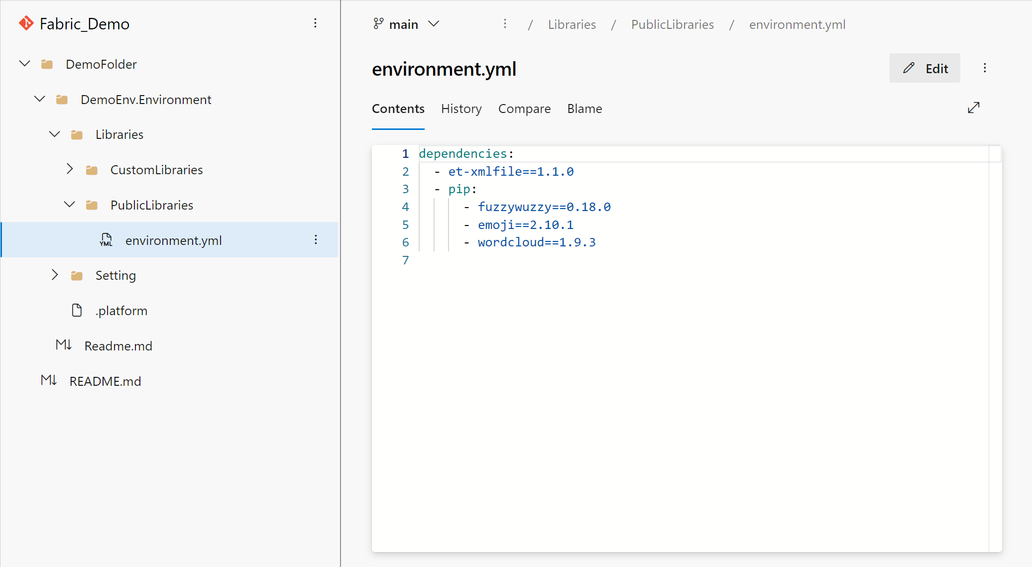 Screenshot della rappresentazione locale del catalogo pubblico dell'ambiente in Git.