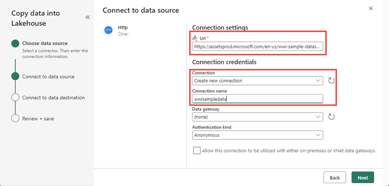 Screenshot che mostra i parametri per configurare la connessione HTTP.