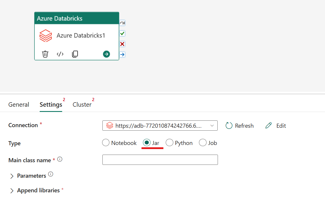 Screenshot che mostra il tipo Jar dell'attività di Azure Databricks.