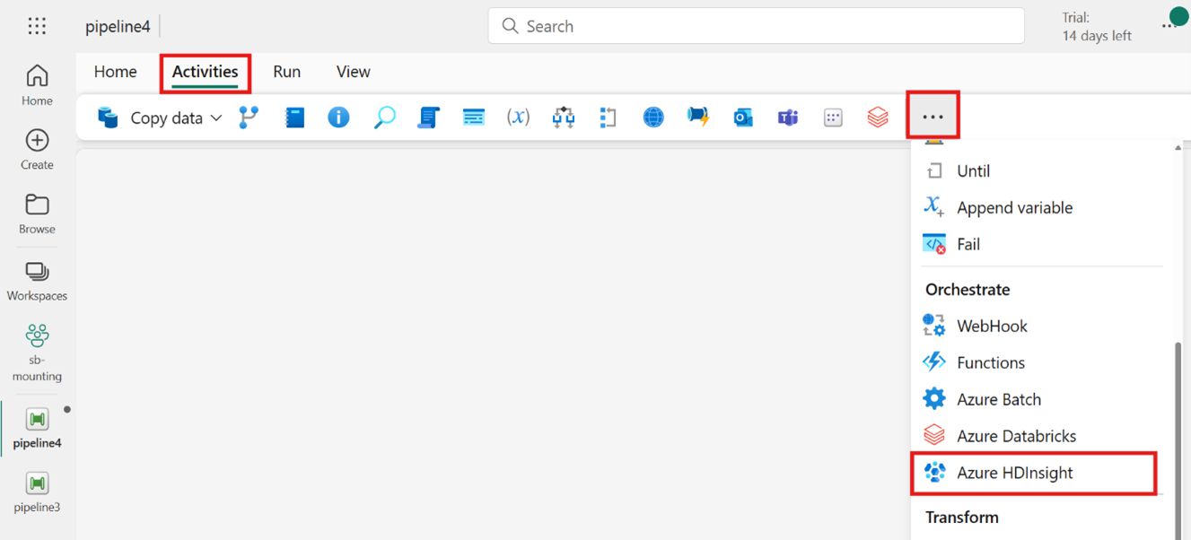 Screenshot che mostra dove creare una nuova attività di Azure HDInsight dalla barra Attività nella finestra dell'editor della pipeline.