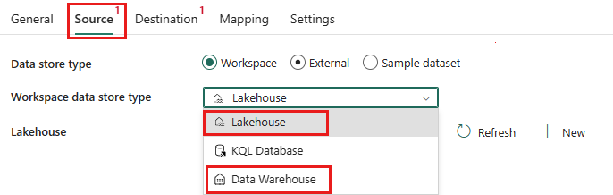 Screenshot che mostra la scheda di origine Lakehouse e Data Warehouse.