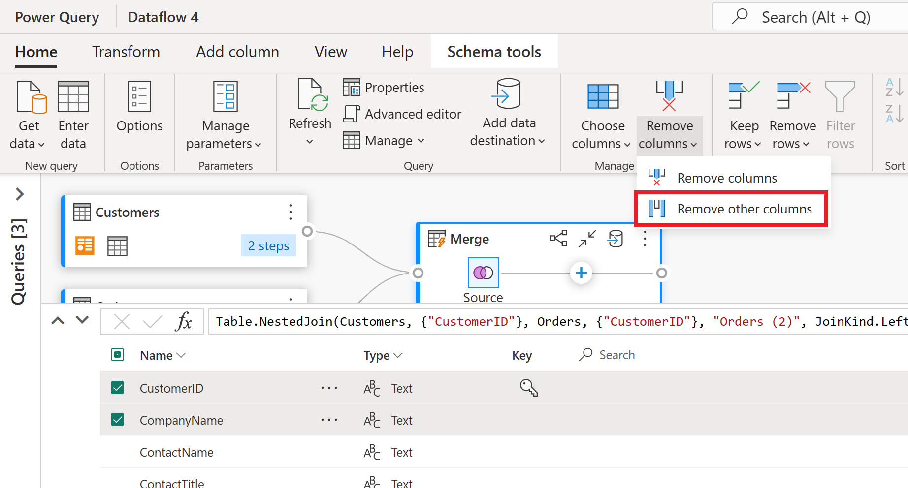 Screenshot del menu strumenti dello schema con l'opzione Rimuovi altre colonne evidenziata.