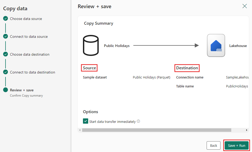 Screenshot della pagina Rivedi e crea dell'Assistente copia dati che evidenzia l'origine e la destinazione.