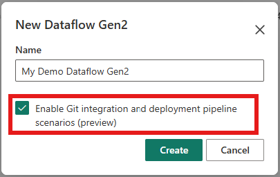 Screenshot della finestra New Dataflow Gen2 con il set di nomi del flusso di dati e l'integrazione Git evidenziata e selezionata.