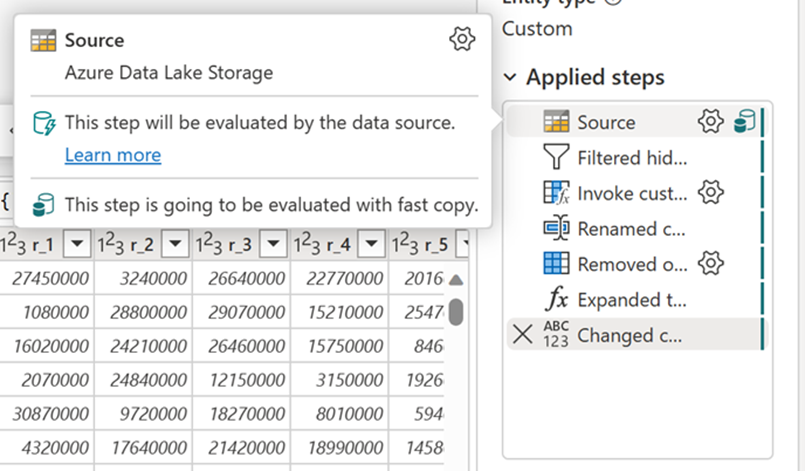 Screenshot che mostra dove viene visualizzato l'indicatore di copia rapida nel riquadro dei passaggi della query.