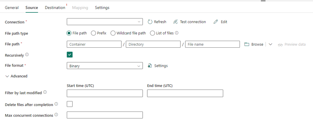 Screenshot che mostra la configurazione di compressione dell'attività di copia in Data Factory in Fabric.