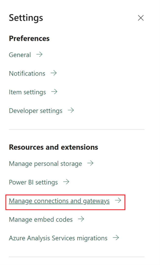 Screenshot che mostra l'opzione Gestisci connessioni e gateway sulla pagina Fabric Admin.