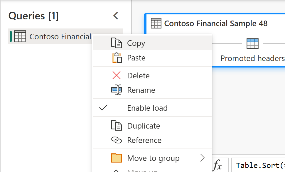 Screenshot che mostra l'area di lavoro di Power Query con la query Contoso Financial Sample selezionata e l'opzione di copia evidenziata.