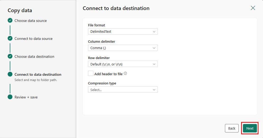 Screenshot che mostra le opzioni di configurazione per il file in Archiviazione BLOB di Azure.