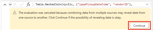 Screenshot che mostra l'avviso relativo alla combinazione di dati da più origini dati con il pulsante Continua evidenziato.