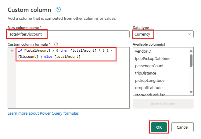 Screenshot che mostra la schermata Configurazione colonna personalizzata con la formula Nuovo nome colonna, Tipo di dati e Colonna personalizzata evidenziata.