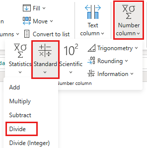 Screenshot che mostra la selezione dell'opzione Dividi per trasformare i dati nella colonna Sconto.