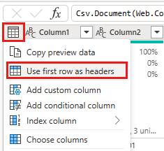 Screenshot che mostra la selezione dell'opzione Usa la prima riga come intestazioni dal menu di scelta rapida della tabella.