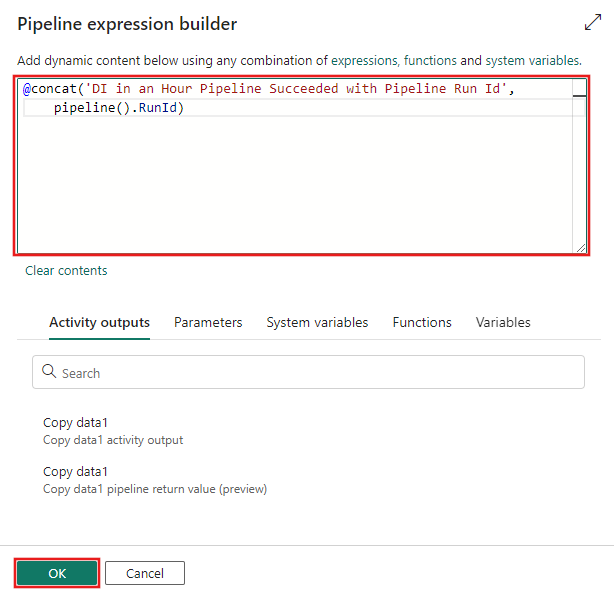 Screenshot che mostra il generatore di espressioni della pipeline con l'espressione fornita per la riga Oggetto del messaggio di posta elettronica.