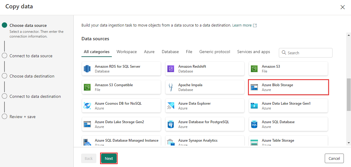 Screenshot che mostra la selezione del tipo di origine dati Archiviazione BLOB di Azure nell'assistente copia nella scheda Scegli origine dati.