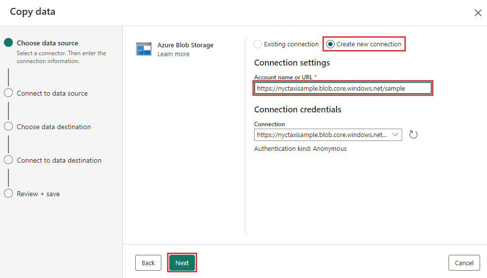 Screenshot che mostra la creazione di una nuova connessione Archiviazione BLOB di Azure con l'URL per i dati di esempio nell'esercitazione.