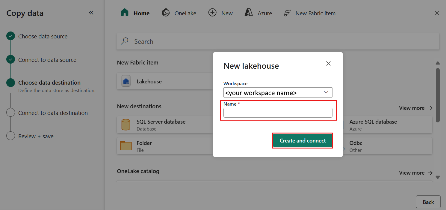 Screenshot che mostra la pagina di configurazione della destinazione dati dell'Assistente copia, scegliendo l'opzione Crea nuova Lakehouse e specificando un nome Lakehouse.