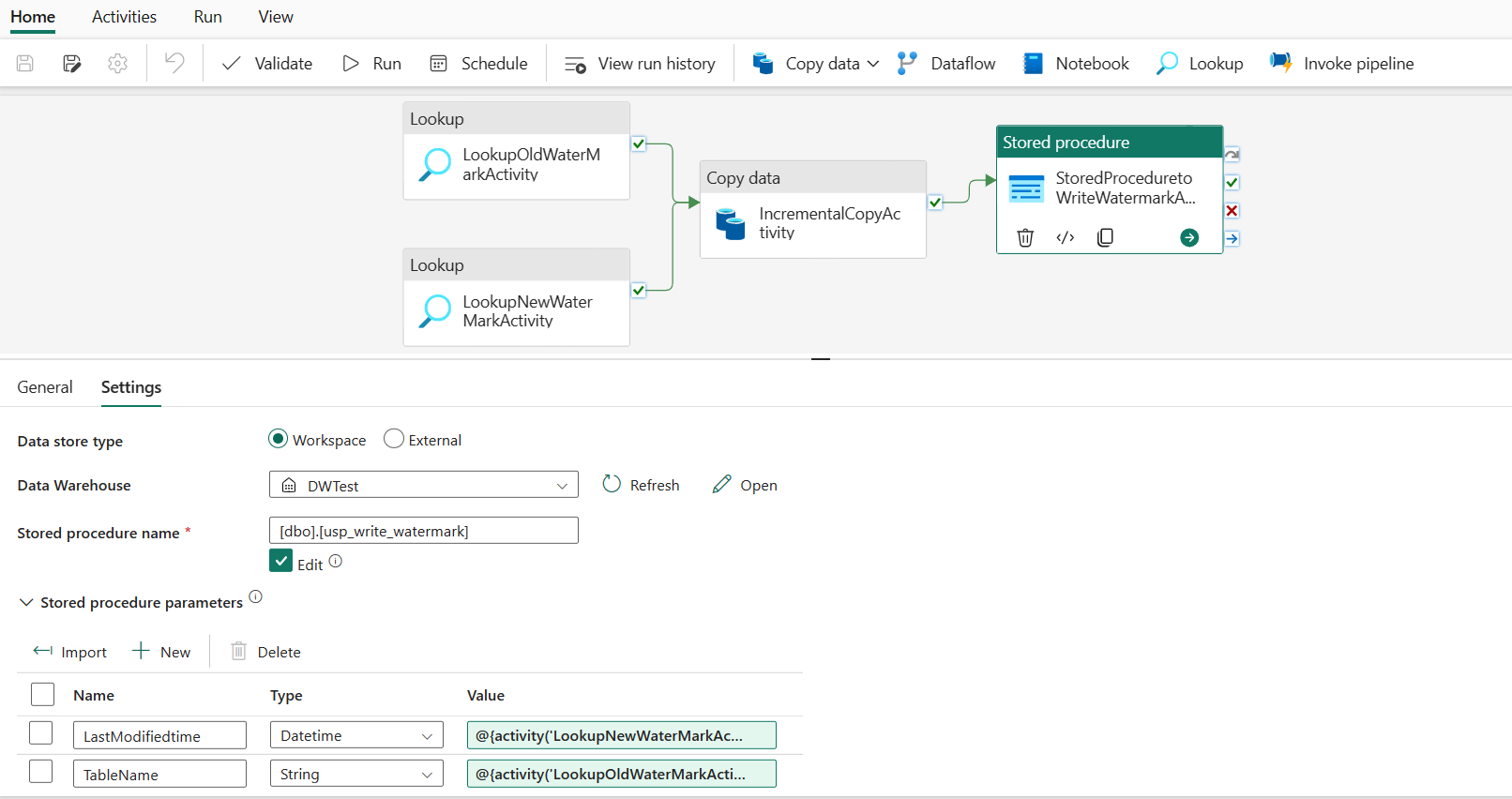 Screenshot che mostra la configurazione dell'attività stored procedure.