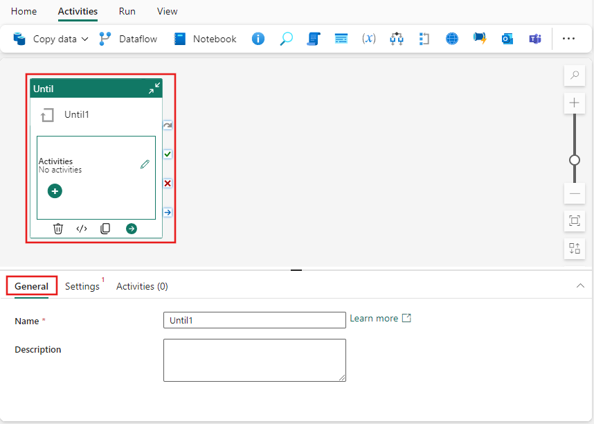 Screenshot showing the General settings tab of the Until activity.