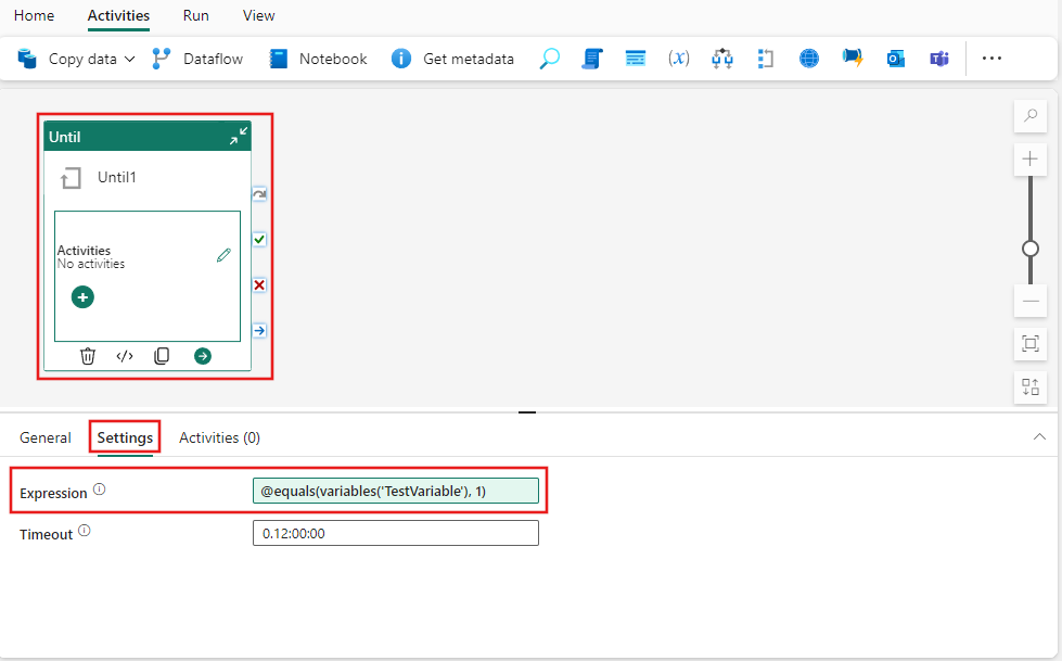 Screenshot showing the expression for the Until activity.