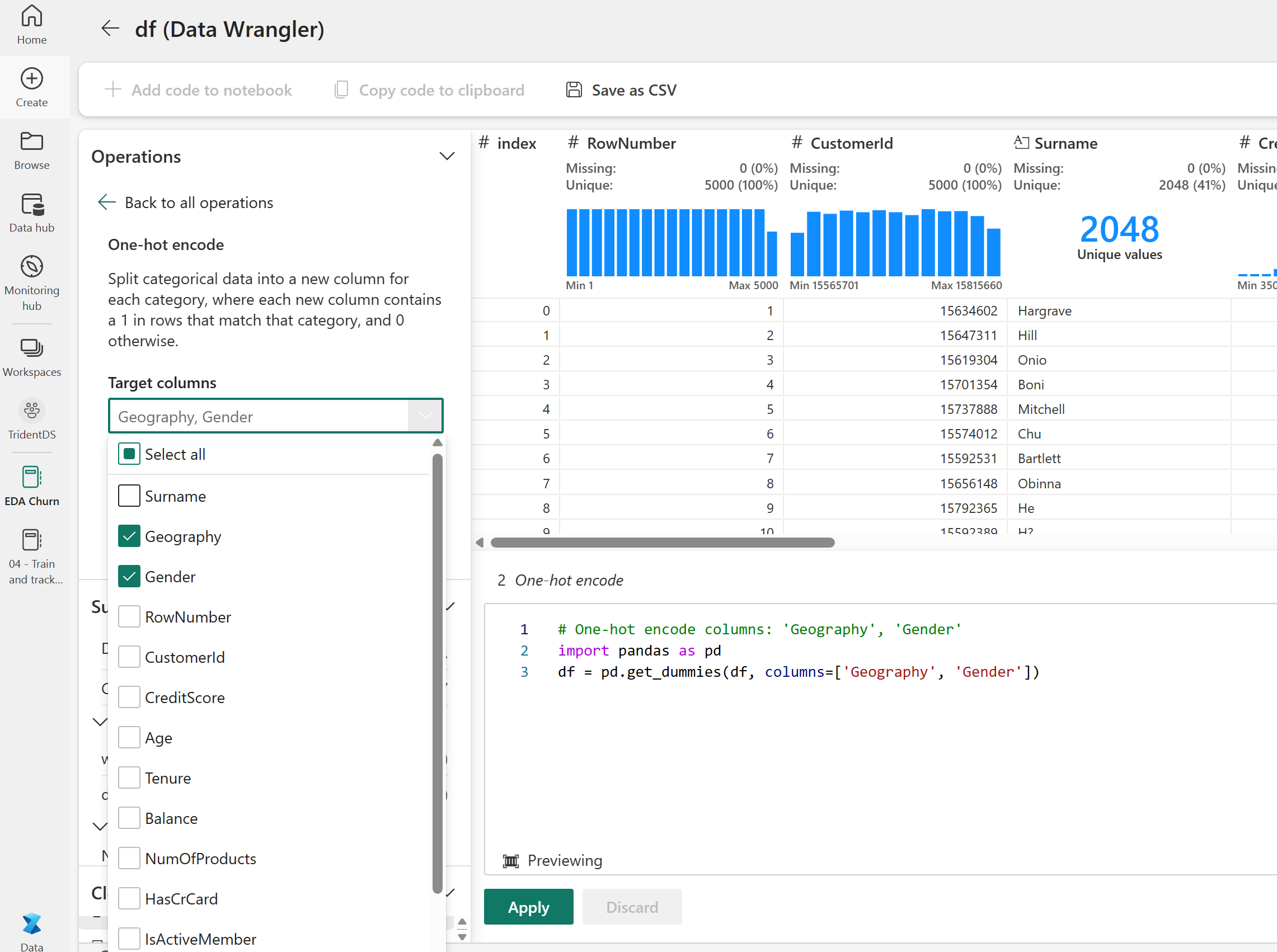 Screenshot che mostra la selezione di colonne in Data Wrangler.