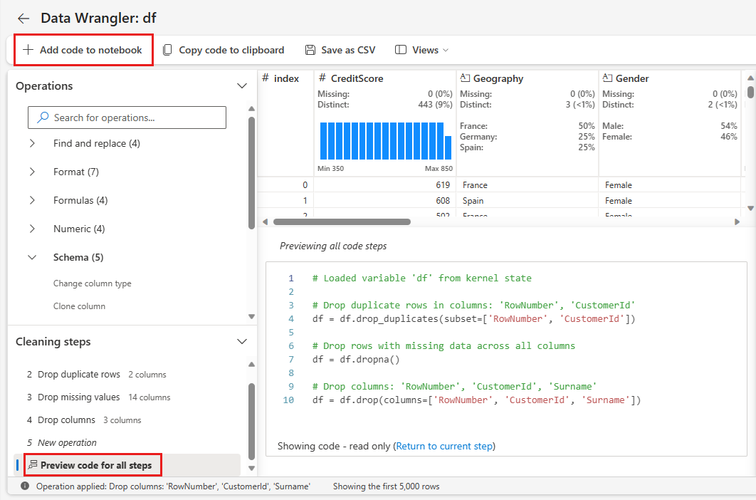 Screenshot che mostra il codice di anteprima e dove accedere per aggiungerlo al notebook.