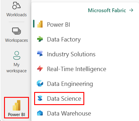 Screenshot of the experience switcher menu, showing where to select Data Science.