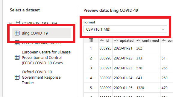 Screenshot che mostra diverse opzioni del set di dati per il campione COVID-19, formati di file e una griglia che mostra un'anteprima dei dati.