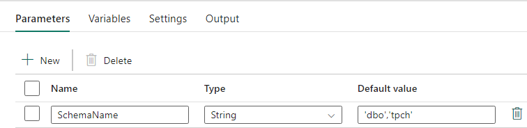 Screenshot di Data Factory che mostra la scheda Parametri di una pipeline di dati. Nel campo Nome', 'SchemaName'. Nel campo Valore predefinito, 'dbo','tpch', che indica che è necessario eseguire la migrazione di questi due schemi.