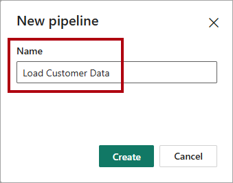 Screenshot della finestra di dialogo Nuova pipeline, evidenziando il nome immesso.