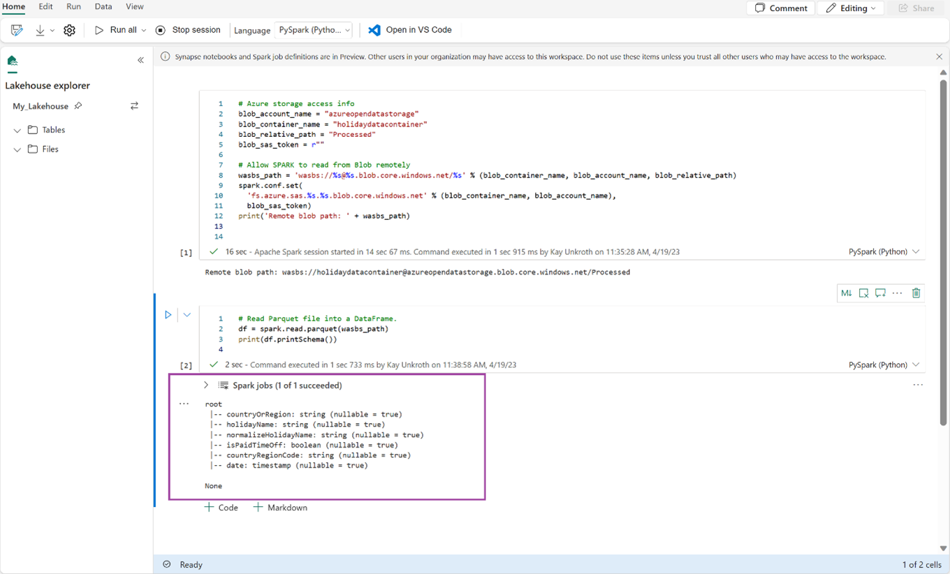 Screenshot che mostra l'output dello schema del dataframe.