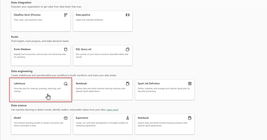 Screenshot che mostra il riquadro Lakehouse nel Data engineering.