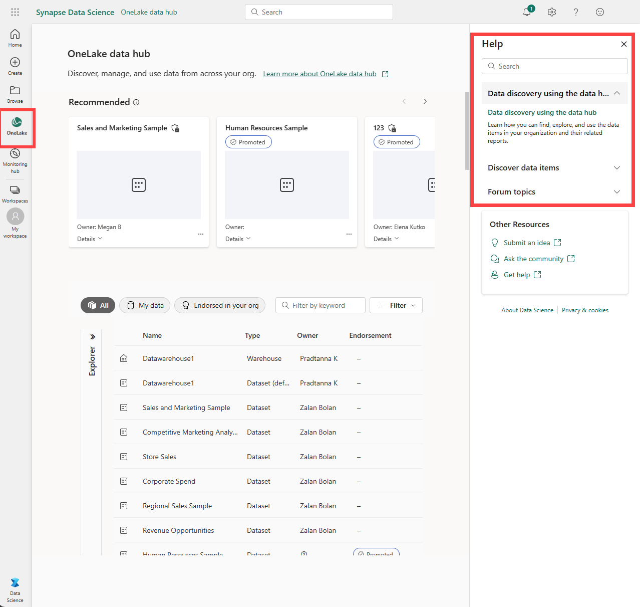 Screenshot del riquadro della Guida con Data Hub selezionato.