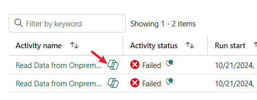 Screenshot dell'icona accanto a un'esecuzione Copilot della pipeline di dati non riuscita.