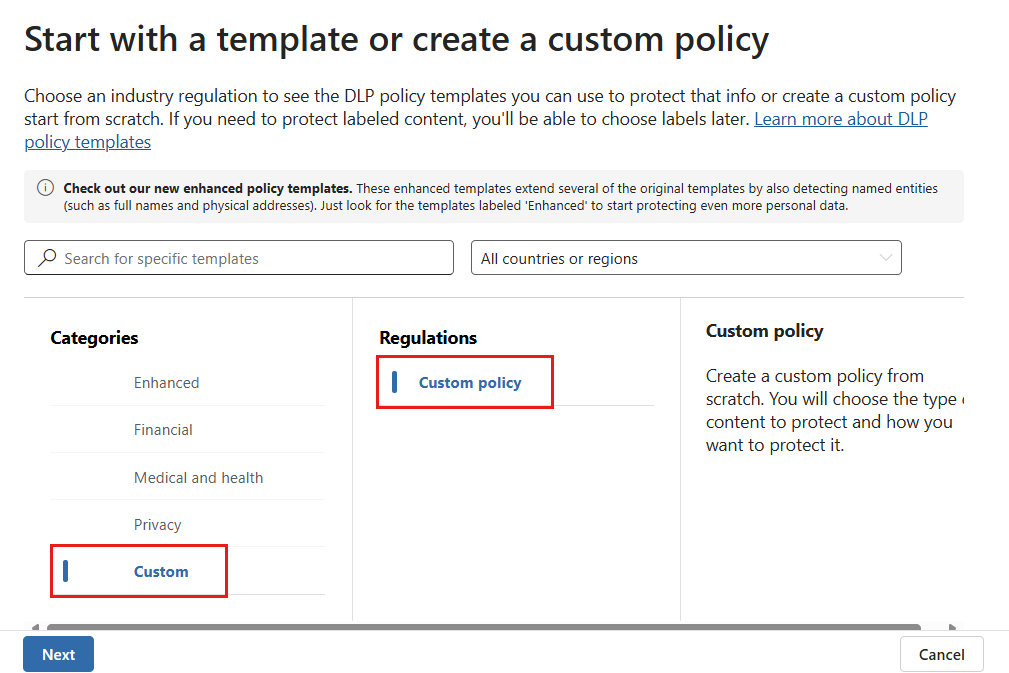 Screenshot della pagina D L P choose custom policy.