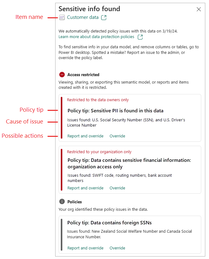 Screenshot del riquadro laterale Criteri di prevenzione della perdita dei dati.