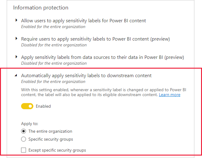 Screenshot dell'impostazione del tenant per l'applicazione automatica delle etichette al contenuto downstream.