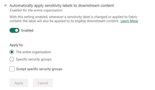 Screenshot dell'impostazione del tenant per l'applicazione automatica delle etichette al contenuto downstream.