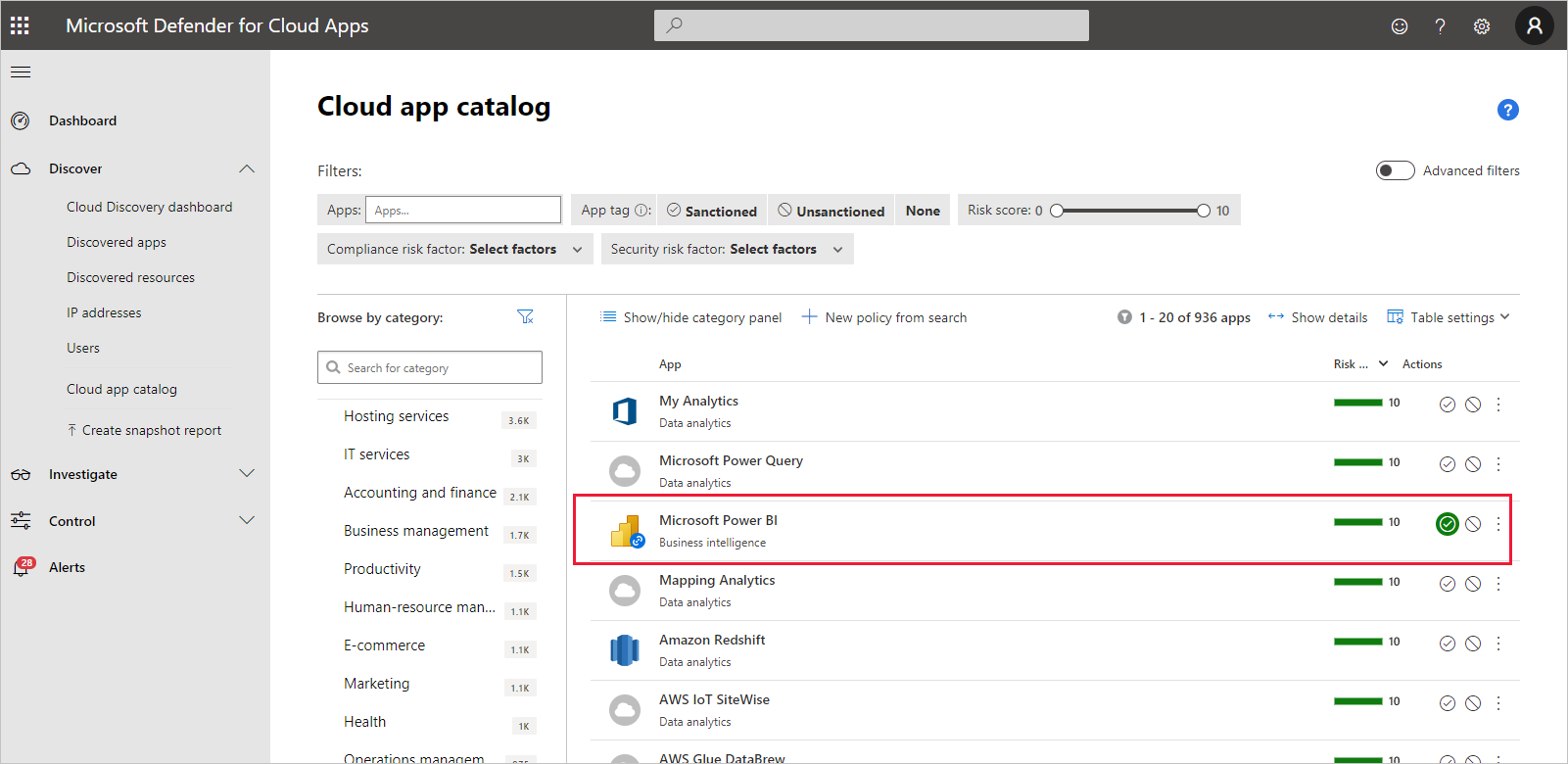 Screenshot della finestra Defender for Cloud Apps che mostra la pagina Catalogo app cloud con Power BI evidenziato.