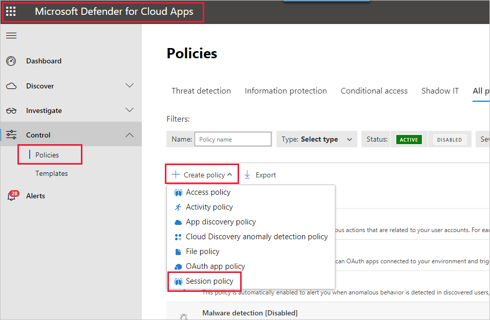 Screenshot del pannello criteri di Defender for Cloud Apps con criteri, creazione di criteri e criteri di sessione evidenziati.