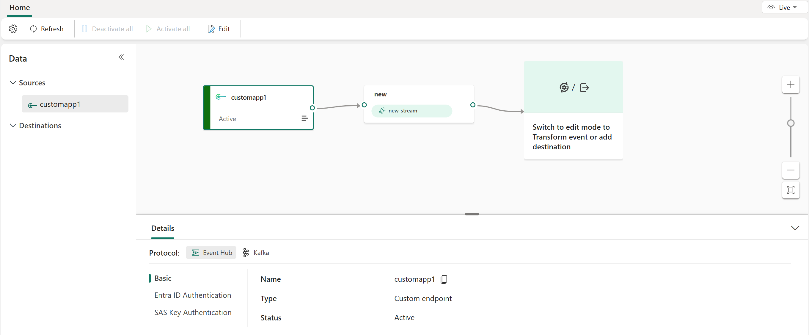 Screenshot che mostra il flusso di eventi nella visualizzazione live.