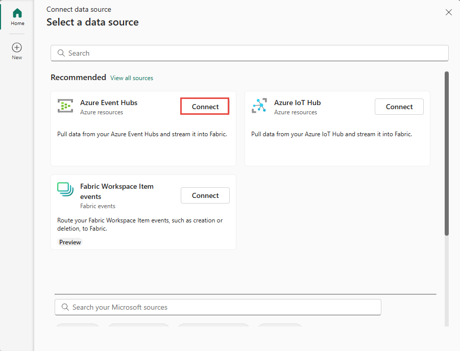 Screenshot che mostra la pagina Selezionare un'origine dati con Hub eventi di Azure selezionato.