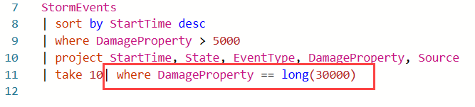 Screenshot dell'editor di query che mostra la clausola di query aggiunta dal filtro sulla griglia nel set di query KQL.