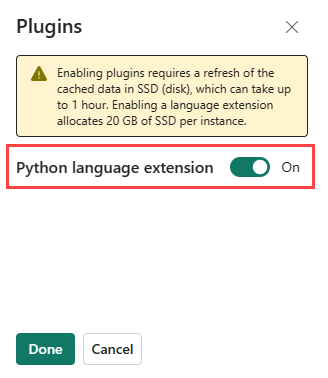 Screenshot del riquadro plug-in che mostra l'estensione del linguaggio Python. L'interruttore è evidenziato.