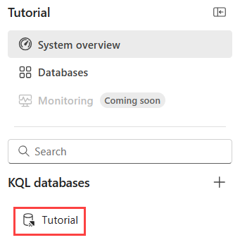 Screenshot della panoramica di sistema per la nuova eventhouse con il database Tutorial selezionato e evidenziato con una casella rossa.